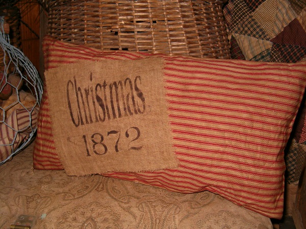 Christmas 1872 red ticking pillow