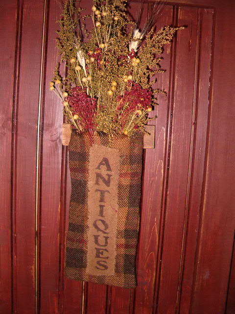 antiques black and red burlap floral hanger