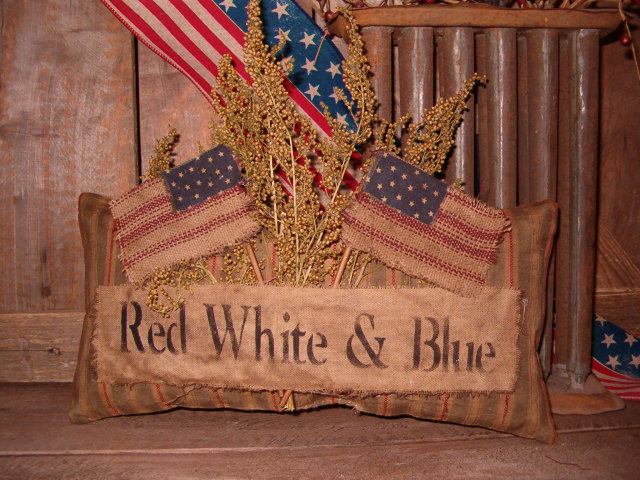 Red White and Blue wide ticking pillow tuck