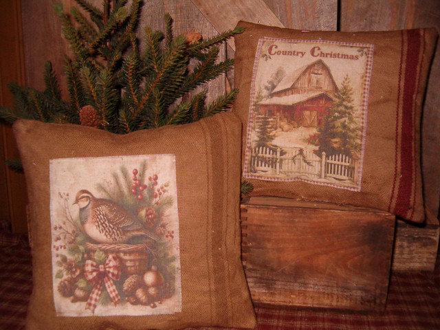 Country Christmas print grainsack pillows