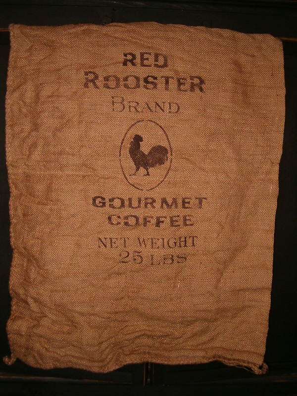 large red rooster brand coffee burlap sack